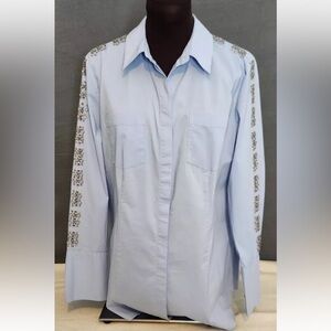 Chico's Light Blue Button Down Shirt with Embellished Sleeves